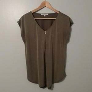 Green Envelope Olive ZipUp Blouse with Cap Sleeves
